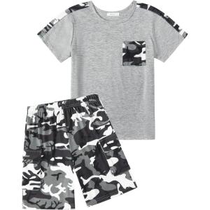 Arshiner Boys 2-Piece Camo Stitching Outfit Short Sleeve Cotton T-Shirt & Shorts Set Kids Summer Clothes 6-14 Years(Gray)