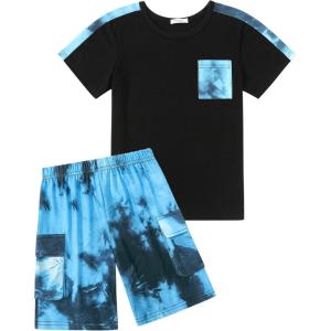 Arshiner Boys 2-Piece Camo Stitching Outfit Short Sleeve Cotton T-Shirt & Shorts Set Kids Summer Clothes 6-14 Years(Tie-dye – Blue)