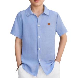 Arshiner Boys Button Down Shirt Short Sleeve Collar Leather Patch Linen Woven Summer Beach Shirts Size 4-12 Years(Blue)