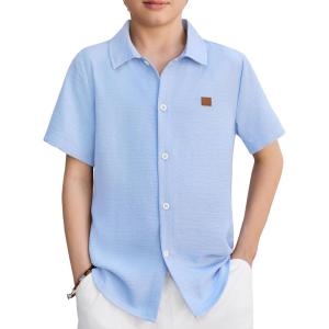 Arshiner Boys Button Down Shirt Short Sleeve Collar Leather Patch Linen Woven Summer Beach Shirts Size 4-12 Years(Ice Blue)