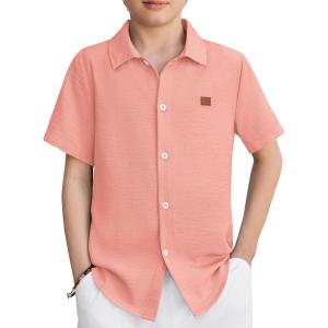 Arshiner Boys Button Down Shirt Short Sleeve Collar Leather Patch Linen Woven Summer Beach Shirts Size 4-12 Years(Pinkish Orange)