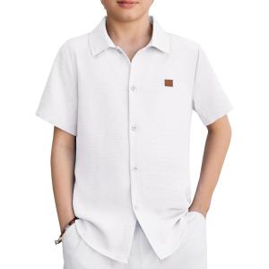 Arshiner Boys Button Down Shirt Short Sleeve Collar Leather Patch Linen Woven Summer Beach Shirts Size 4-12 Years(White)