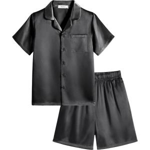 Arshiner Boys Pajamas Silk Pajamas Set Short Sleeve Button Down Satin Pjs for 4-13 Years(Black)