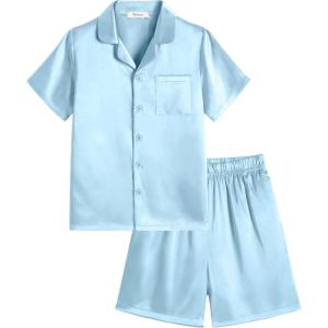 Arshiner Boys Pajamas Silk Pajamas Set Short Sleeve Button Down Satin Pjs for 4-13 Years(Blue)