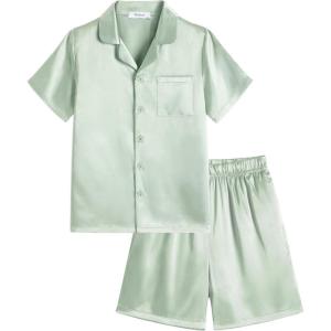 Arshiner Boys Pajamas Silk Pajamas Set Short Sleeve Button Down Satin Pjs for 4-13 Years(Green)