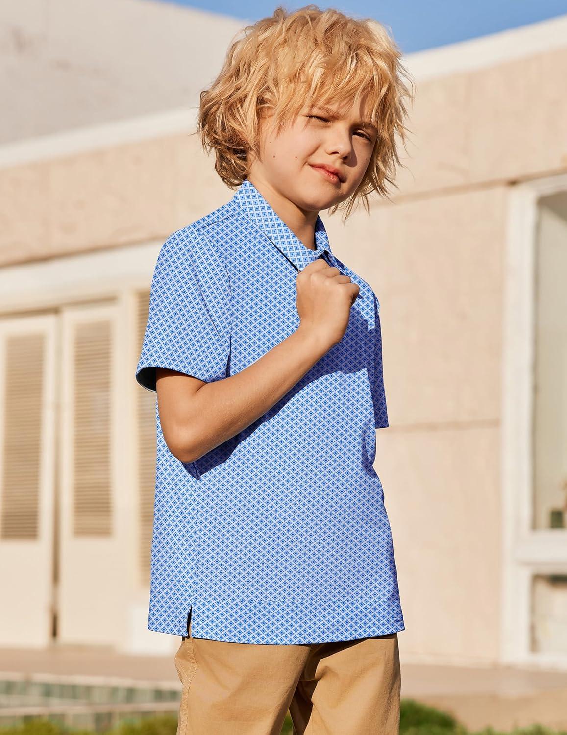 image:imageArshiner Boys Polo Shirt Golf Stripe Short Sleeve Button Performance Sport Collared Shirts for Kids Size 412 YearsWhiteBlue Geometry
