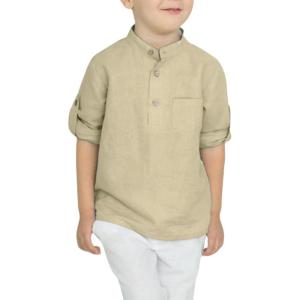 Arshiner Boys Cotton Linen Henley Shirt Button Down Shirt Long Sleeve T Shirt Beach Shirt Tee Casual Solid Tops(Deep Khaki)