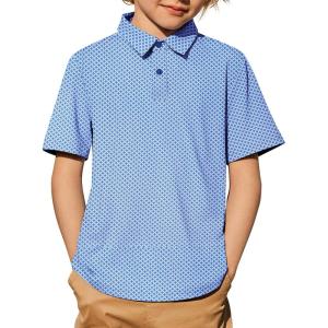 Arshiner Boys Polo Shirt Golf Stripe Short Sleeve Button Performance Sport Collared Shirts for Kids Size 4-12 Years(White/Blue Geometry)