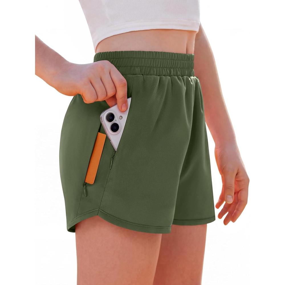 image:imageArshiner Girls Athletic Shorts with 3 Zipper Pockets Running Shorts Basketball Soccer Gym Sports Active with Liner KidsArmy Green