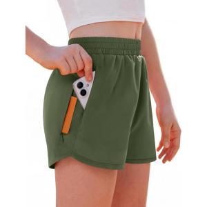 Arshiner Girls Athletic Shorts with 3 Zipper Pockets Running Shorts Basketball Soccer Gym Sports Active with Liner Kids(Army Green)