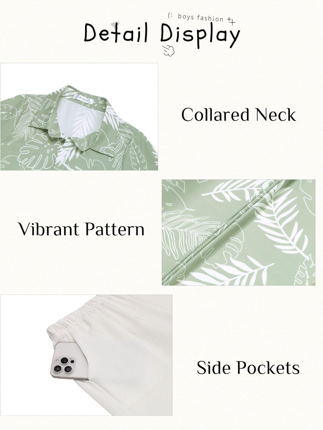 image:imageArshiner Boys 2 Piece Outfits Hawaiian Shorts Sets Button Down Shirt and Shorts Summer Beach Clothes for 212 YearsGreen White Leaf Print