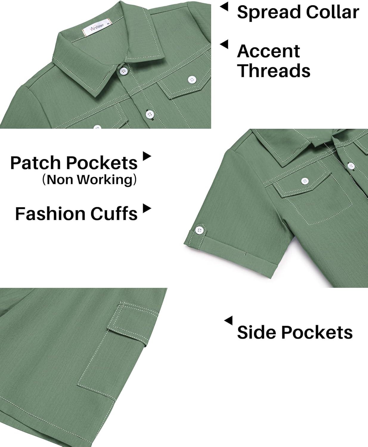 image:imageArshiner Boys Woven Shorts Set Academic Style Button Down Shirt and Denim Shorts Outfits Casual yet Dressy ClothesArmy Green