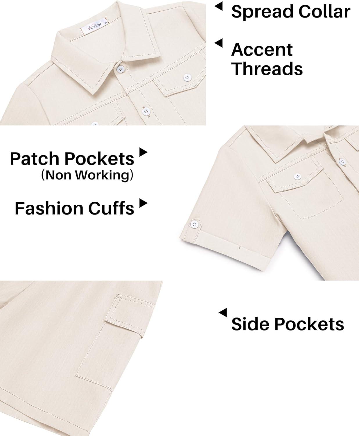 image:imageArshiner Boys Woven Shorts Set Academic Style Button Down Shirt and Denim Shorts Outfits Casual yet Dressy ClothesBeige