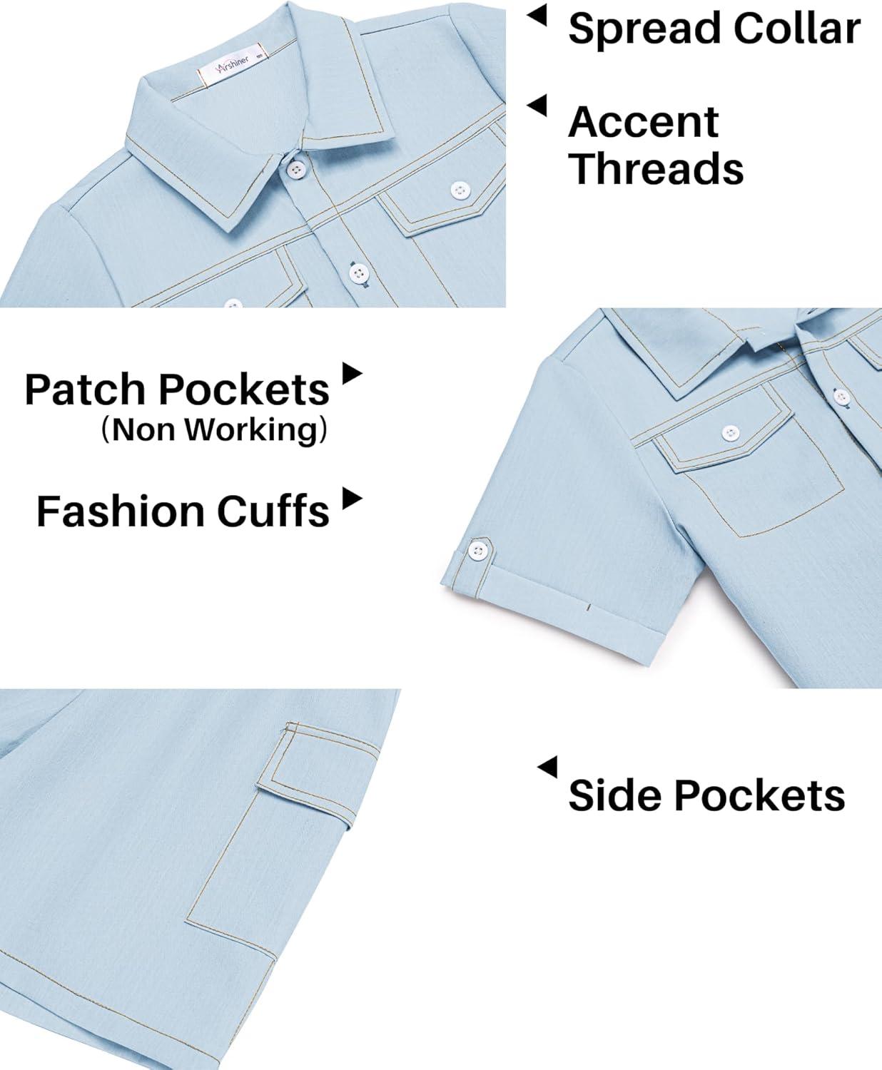 image:imageArshiner Boys Woven Shorts Set Academic Style Button Down Shirt and Denim Shorts Outfits Casual yet Dressy ClothesLight Blue