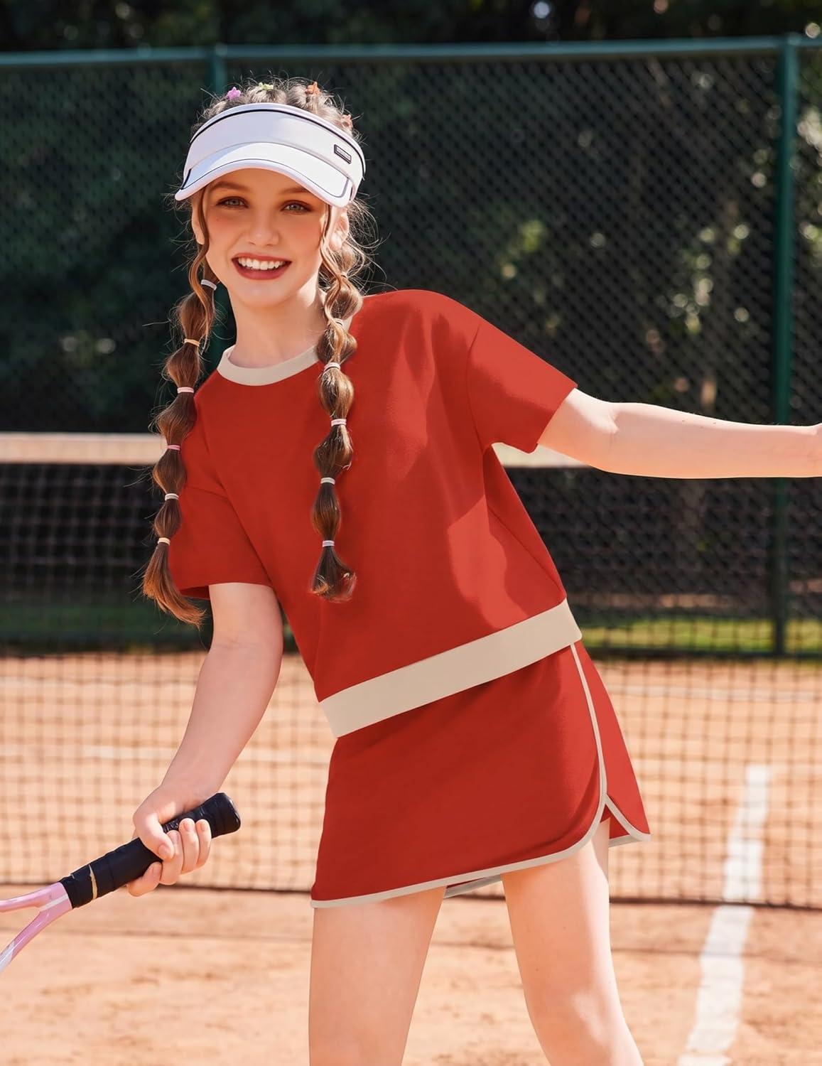 image:imageArshiner Girls 2 Piece Outfits Summer Clothes Short Sleeve Drop Shoulder Shirt and Skirt with Builtin Shorts Athletic SetsRed