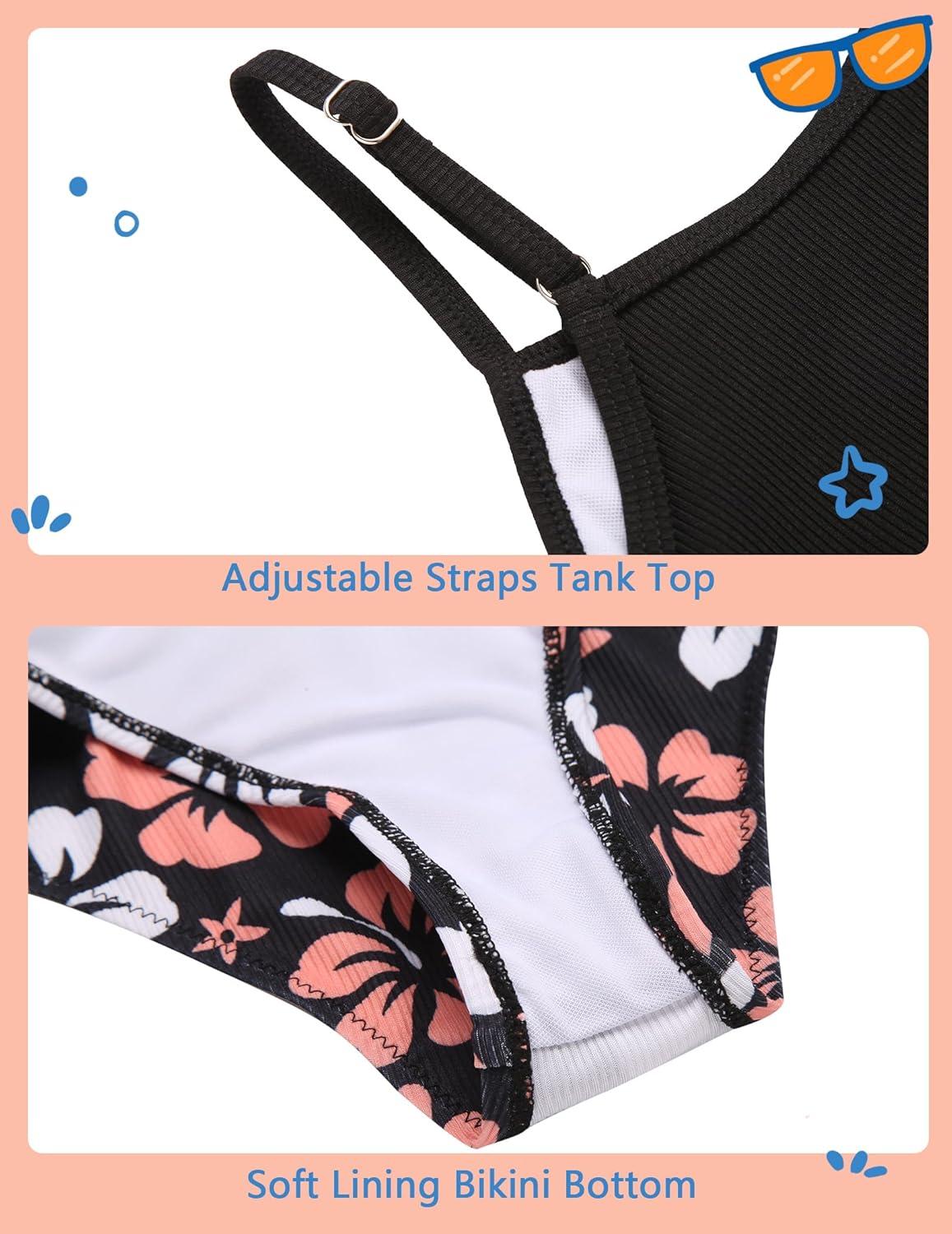 image:imageArshiner Girls 3 Piece Swimsuit for Teen Girl Tankini Swimsuits Bathing Suit Beach Bikini Swimwear with SkirtBlack Hibiscus