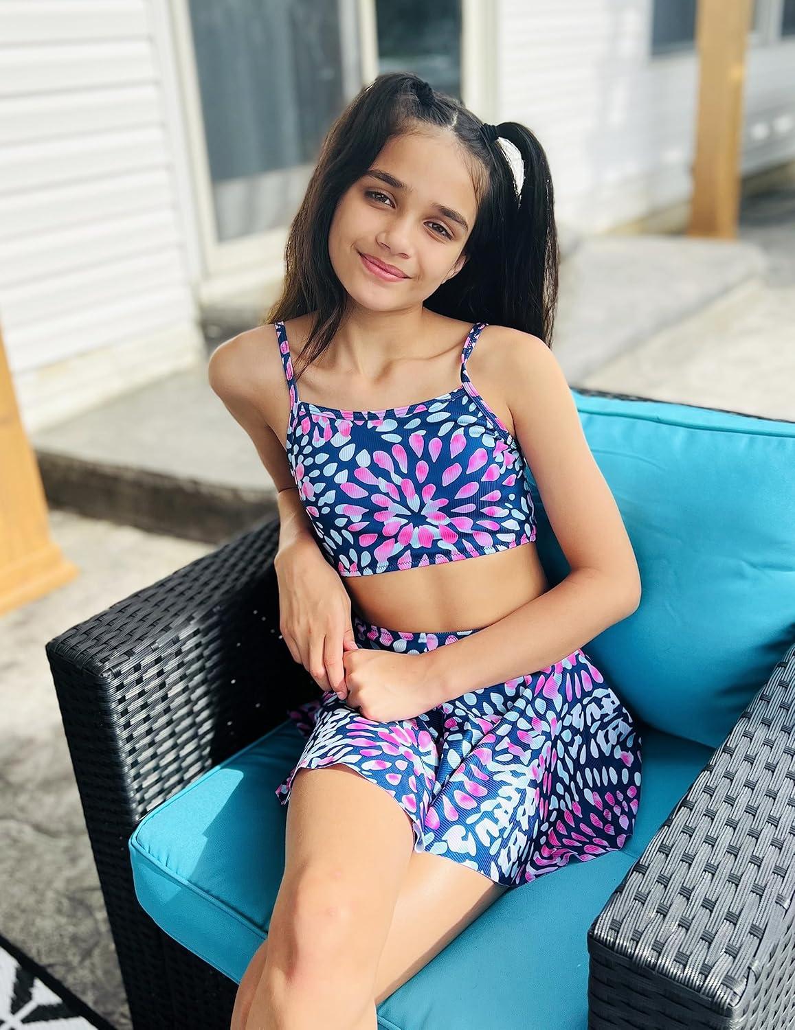 image:imageArshiner Girls 3 Piece Swimsuit for Teen Girl Tankini Swimsuits Bathing Suit Beach Bikini Swimwear with SkirtNavy Bluefloral 1