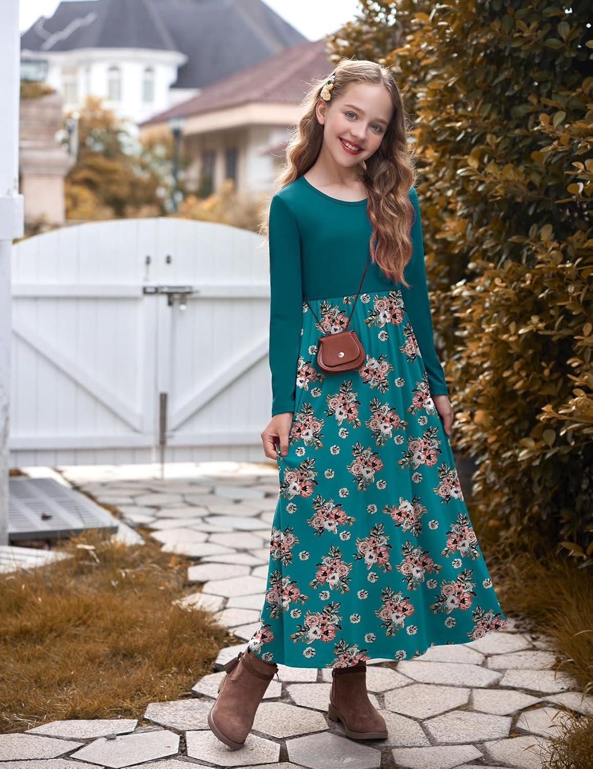 image:imageArshiner Girls Maxi Dress LongShort Sleeve Casual Holiday Dress with Pockets for 513 YearsLong Sleeve Blue Floral