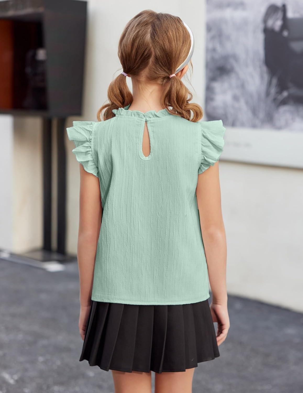 image:imageArshiner Girls Ruffle Short Sleeve Shirts Cute Summer Frill Neck Pleated Textured Blouse TopsLight Green