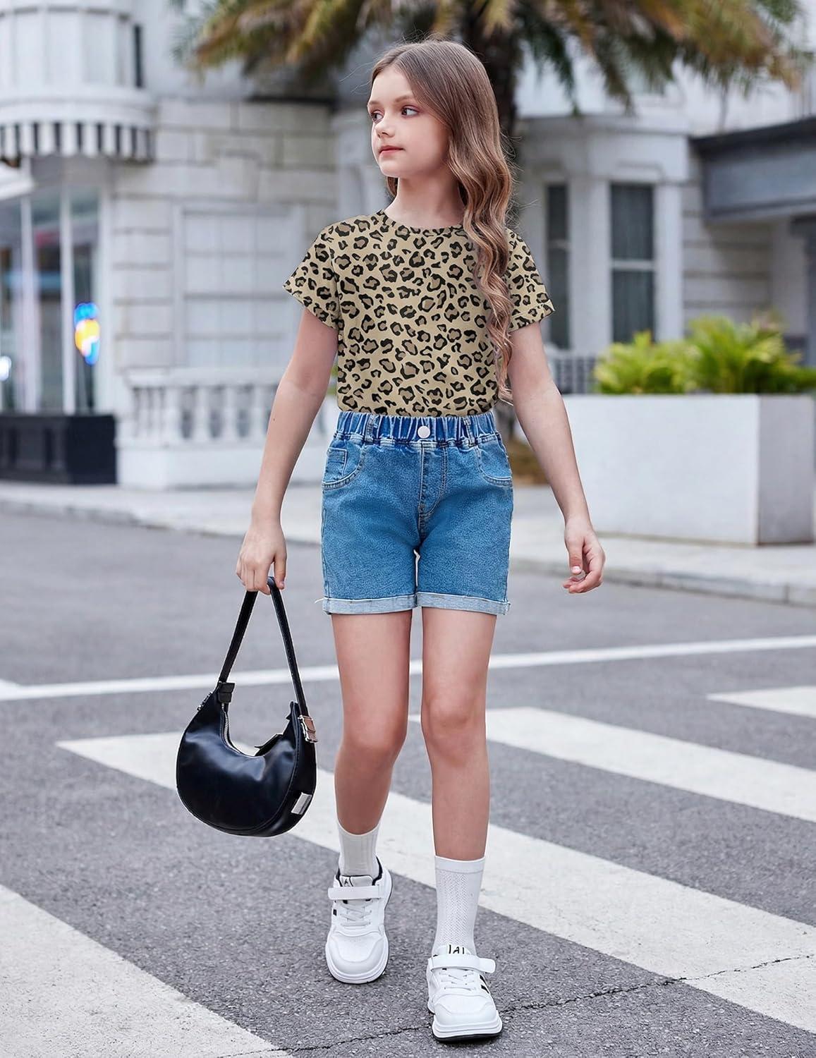 image:imageArshiner Girls Shirt Crop Tops Short Sleeve Summer Drop Shoulder Batwing Sleeve Crewneck Loose T Shirt TeeLeopard Print