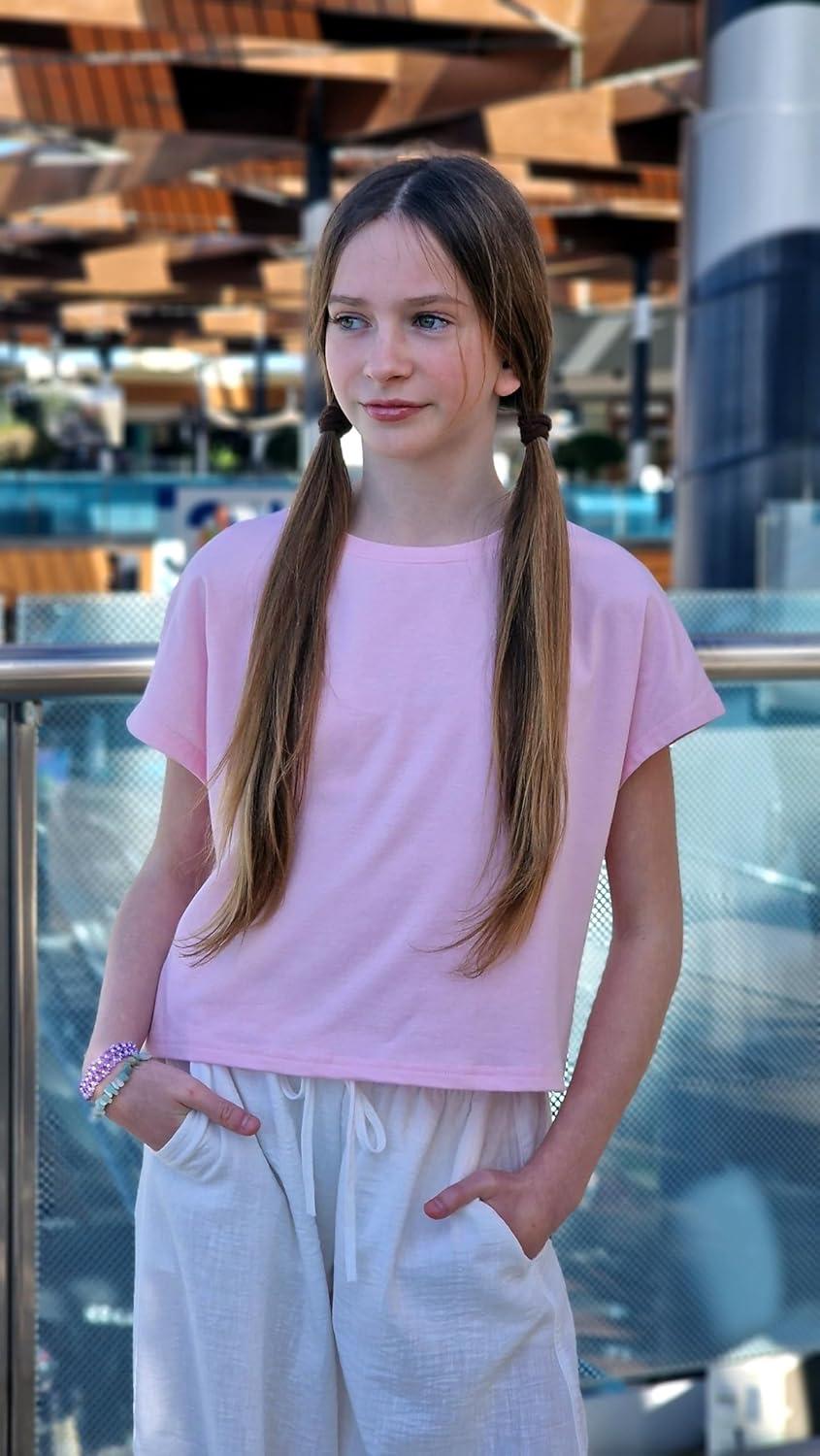 image:imageArshiner Girls Shirt Crop Tops Short Sleeve Summer Drop Shoulder Batwing Sleeve Crewneck Loose T Shirt TeePink