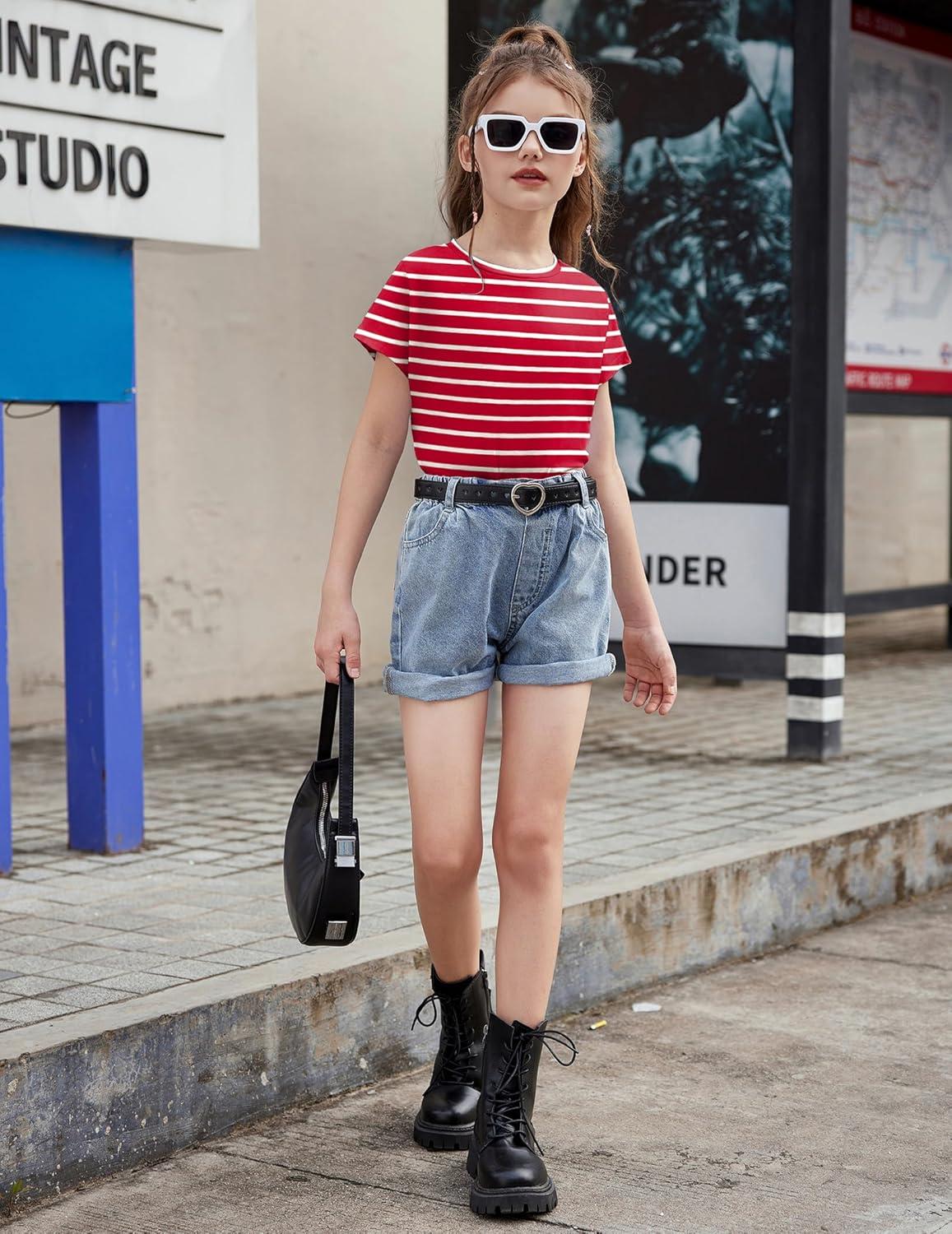 image:imageArshiner Girls Shirt Crop Tops Short Sleeve Summer Drop Shoulder Batwing Sleeve Crewneck Loose T Shirt TeeRed Stripe