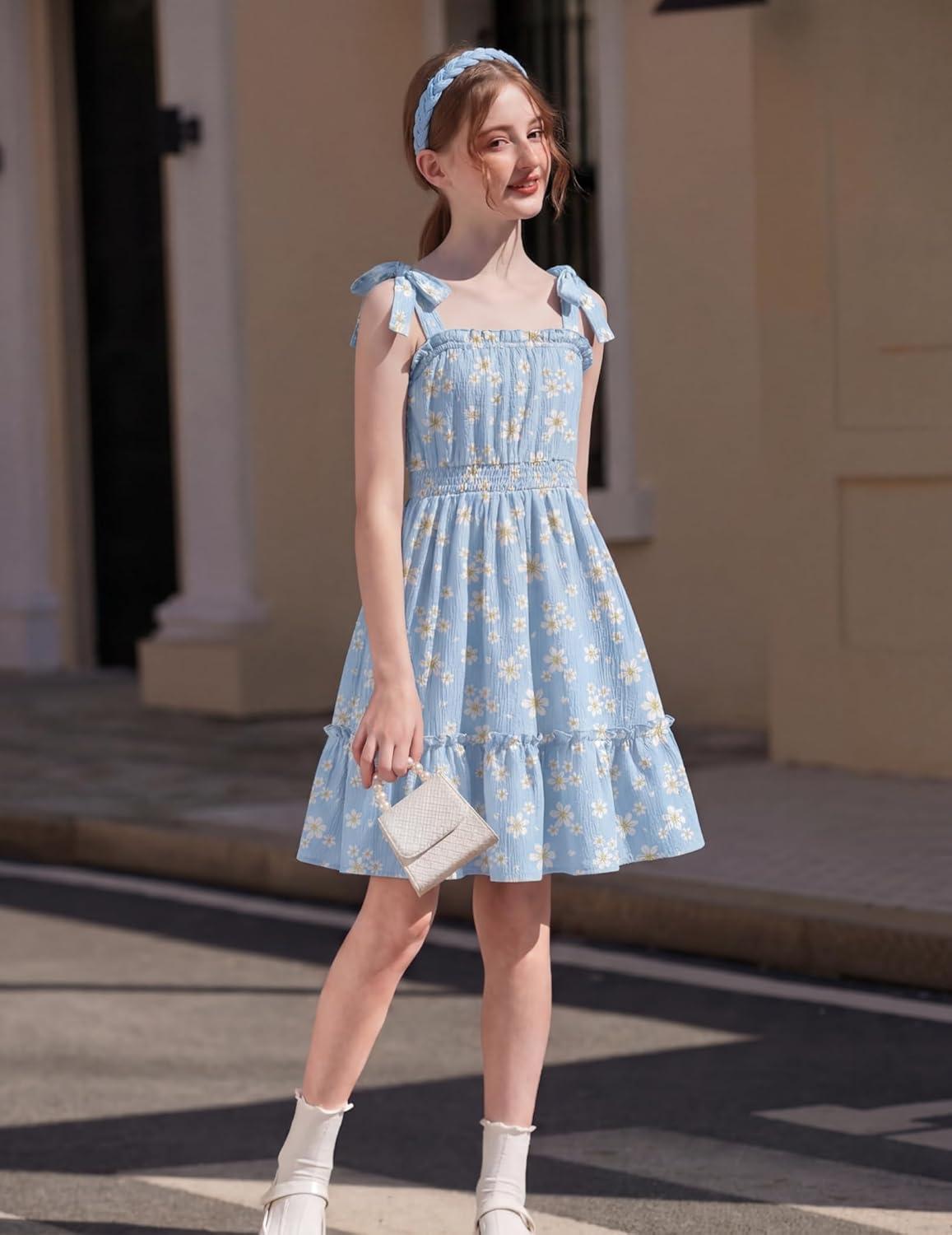 image:imageArshiner Girls Summer Dress BowTie Straps Sleeveless Flowy Ruffle Trim Boho Beach Casual SundressMint Green Floral