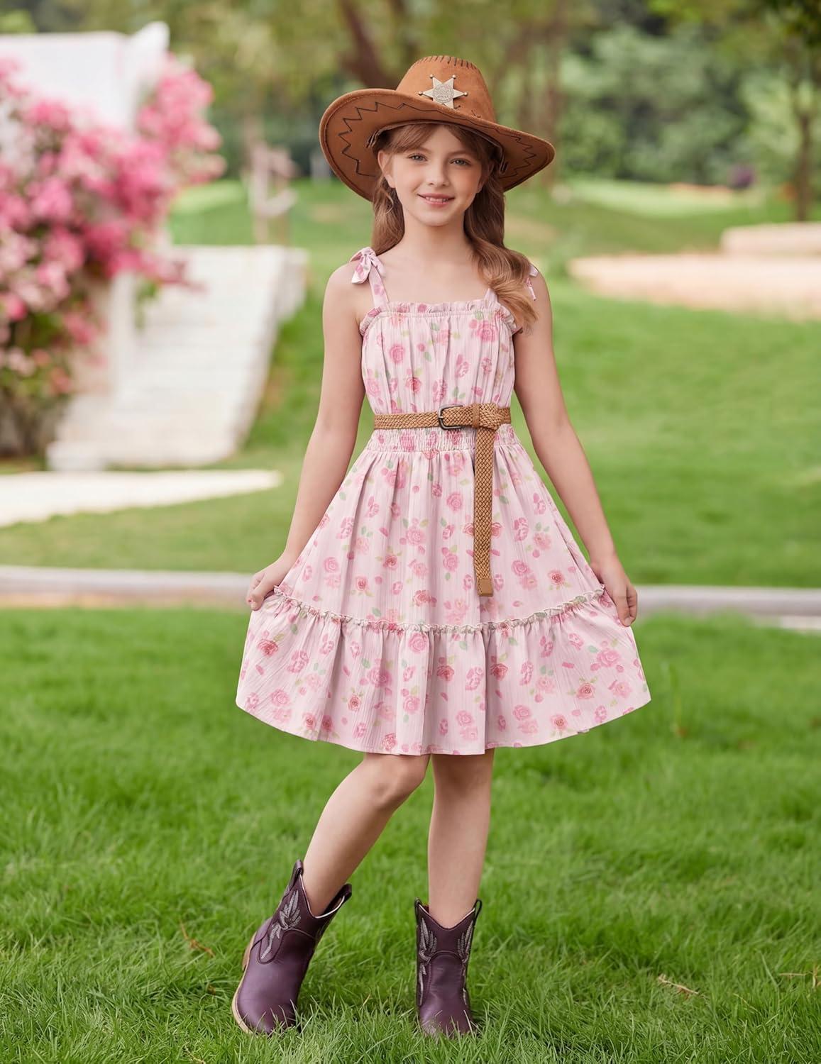 image:imageArshiner Girls Summer Dress BowTie Straps Sleeveless Flowy Ruffle Trim Boho Beach Casual SundressPink Floral
