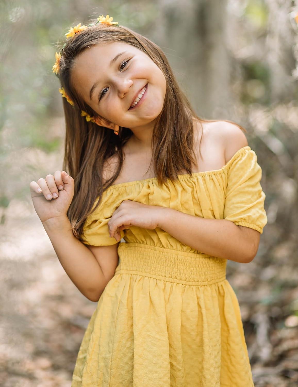 image:imageArshiner Girls Tie Back Short Sleeve Ruffle Hem Off Shoulder Casual Elegant DressesYellow