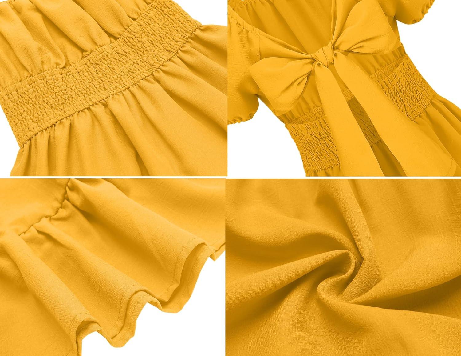 image:imageArshiner Girls Tie Back Short Sleeve Ruffle Hem Off Shoulder Casual Elegant DressesYellow