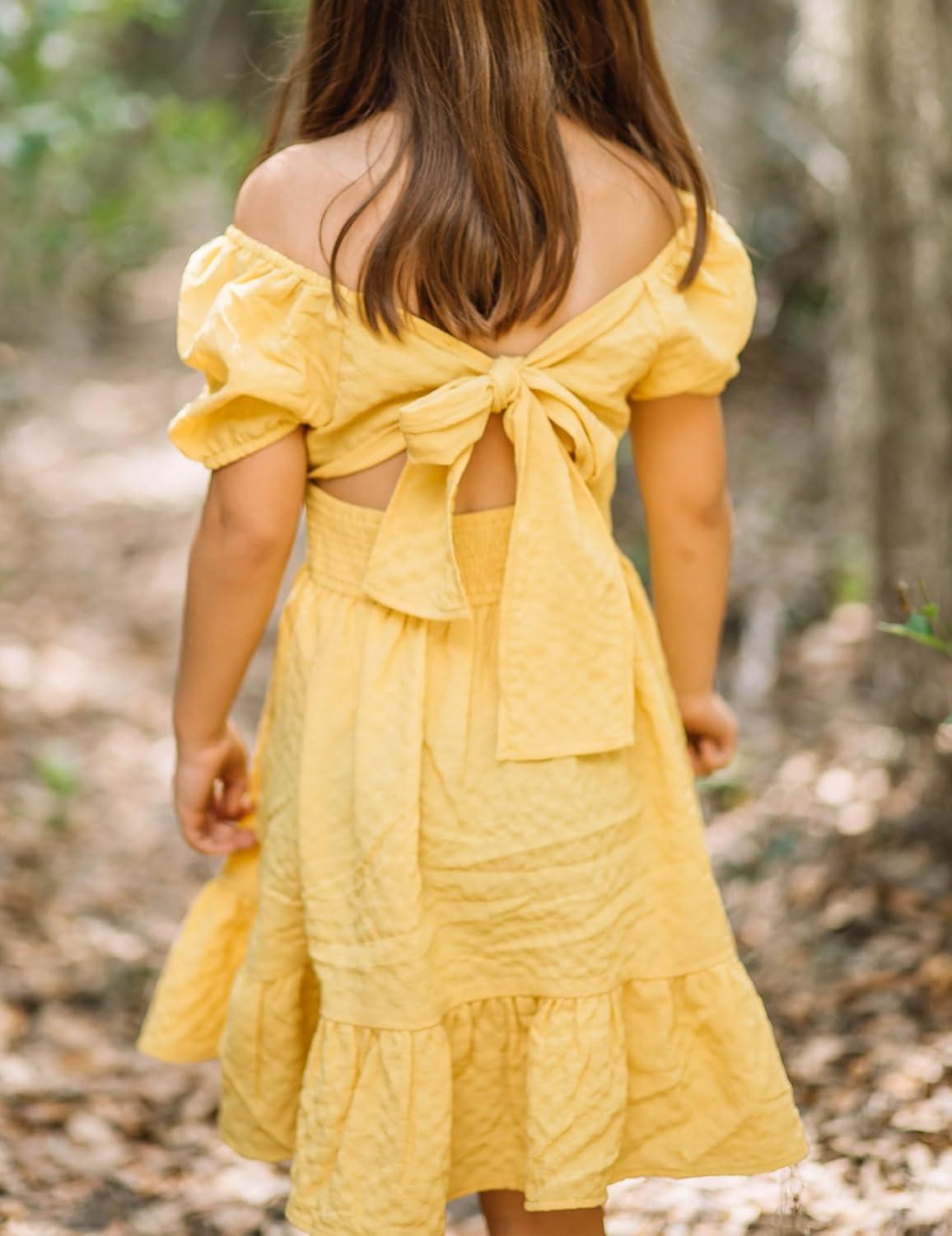 image:imageArshiner Girls Tie Back Short Sleeve Ruffle Hem Off Shoulder Casual Elegant DressesYellow