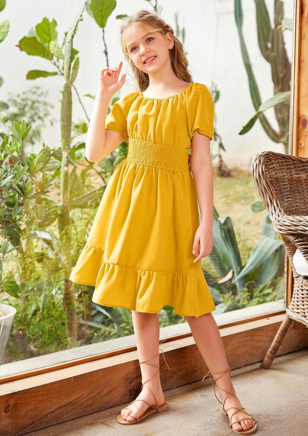 image:imageArshiner Girls Tie Back Short Sleeve Ruffle Hem Off Shoulder Casual Elegant DressesYellow