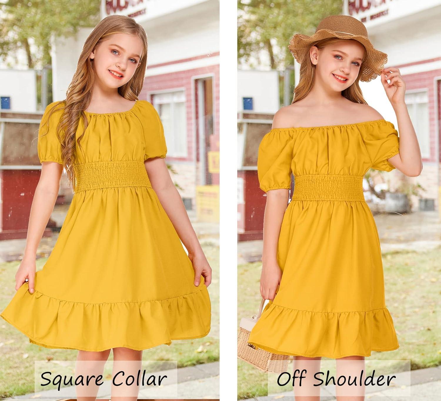 image:imageArshiner Girls Tie Back Short Sleeve Ruffle Hem Off Shoulder Casual Elegant DressesYellow
