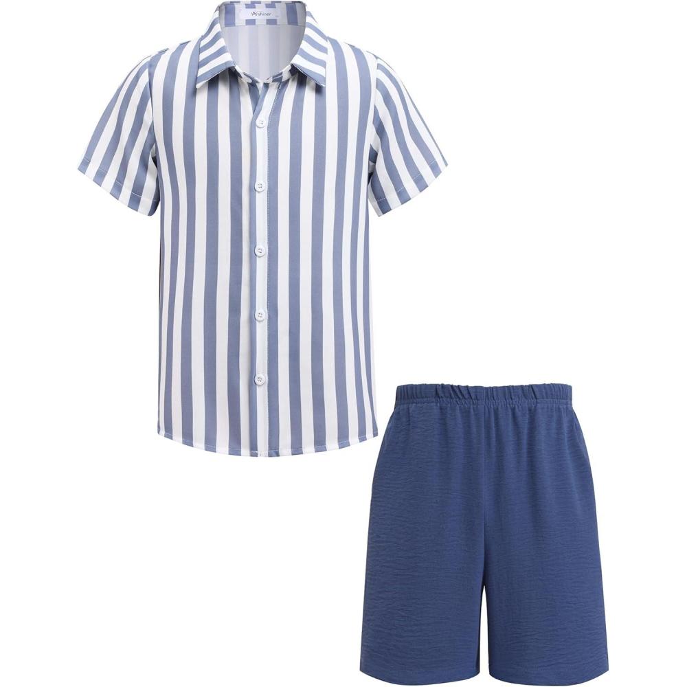 image:imageArshiner Boys 2 Piece Outfits Hawaiian Shorts Sets Button Down Shirt and Shorts Summer Beach Clothes for 212 YearsBlue Stripes