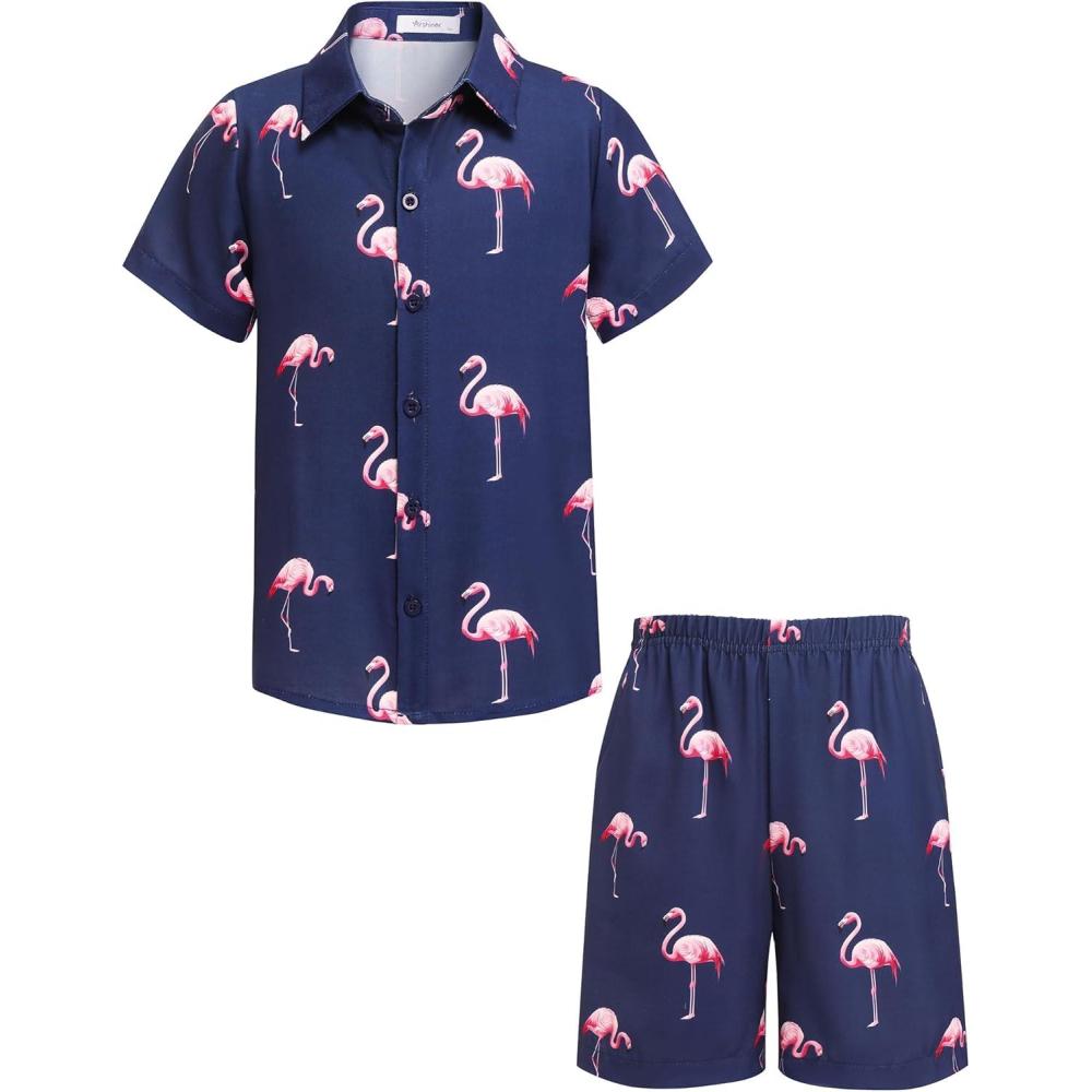 image:imageArshiner Boys 2 Piece Outfits Hawaiian Shorts Sets Button Down Shirt and Shorts Summer Beach Clothes for 212 YearsDark Blue Flamingo