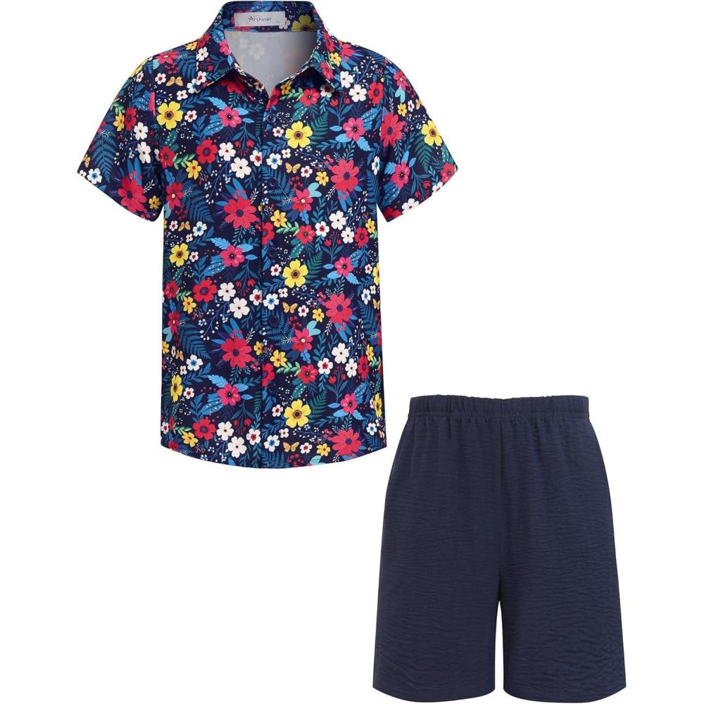 image:imageArshiner Boys 2 Piece Outfits Hawaiian Shorts Sets Button Down Shirt and Shorts Summer Beach Clothes for 212 YearsNavy Blue Floral