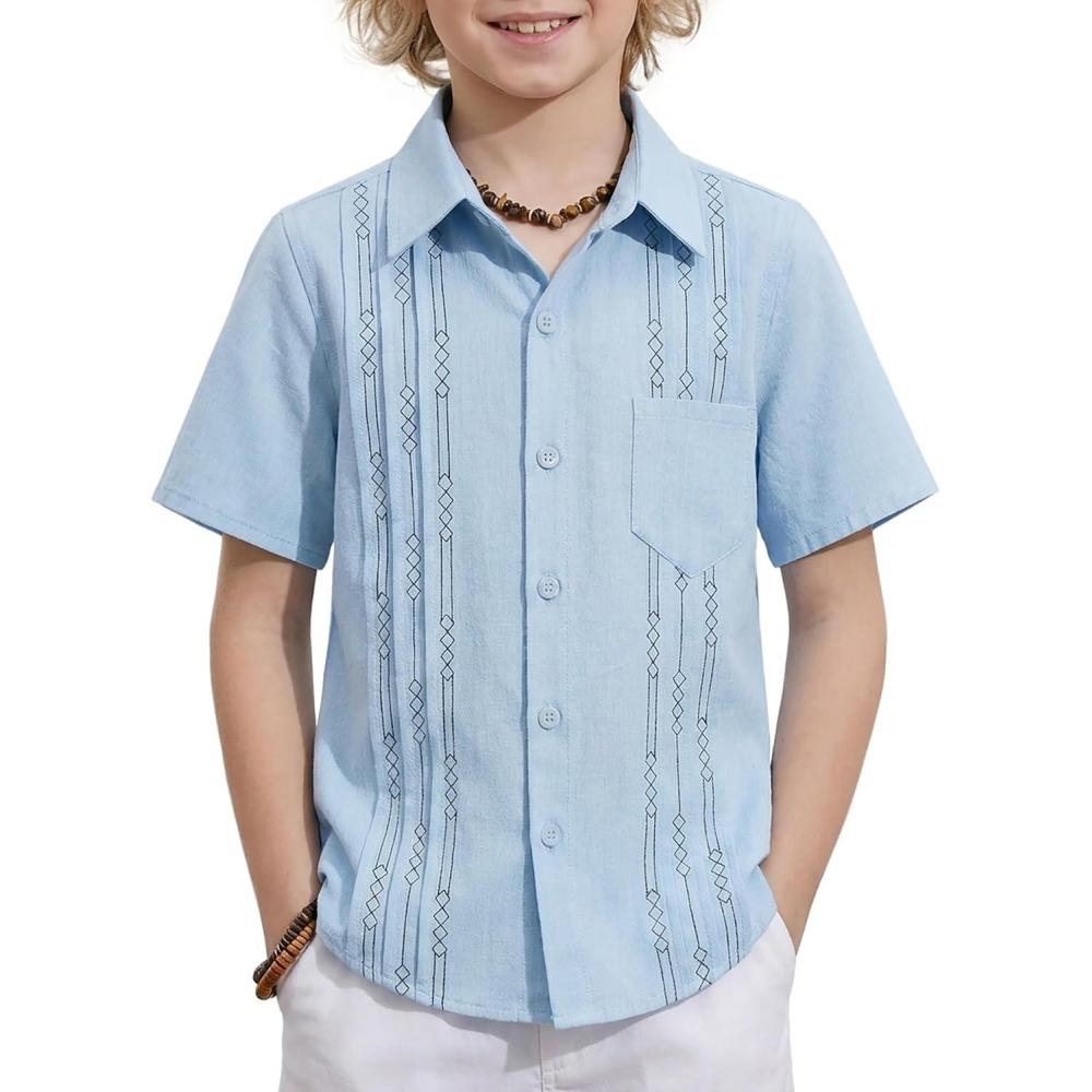image:imageArshiner Boys Guayabera Shirt Short Sleeve Cotton Linen Button Down Shirt Summer Beach Tops with One PocketLight Blueb