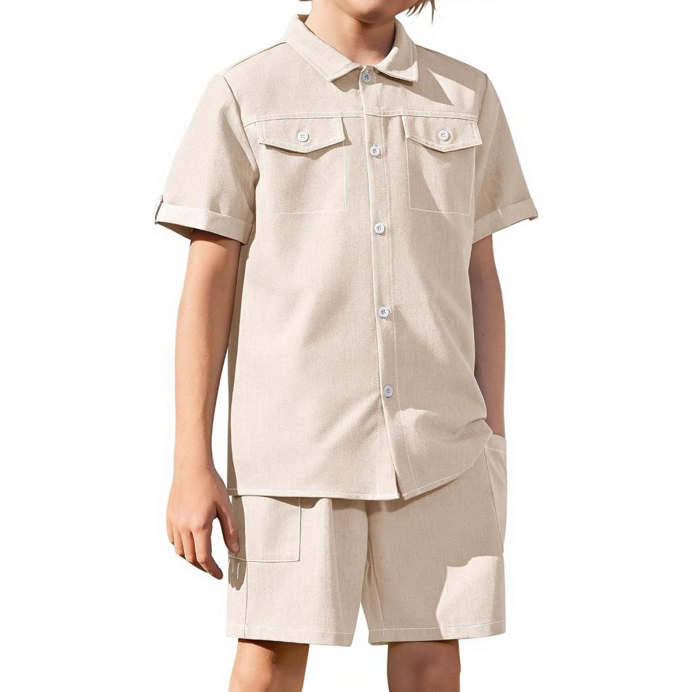 image:imageArshiner Boys Woven Shorts Set Academic Style Button Down Shirt and Denim Shorts Outfits Casual yet Dressy ClothesBeige