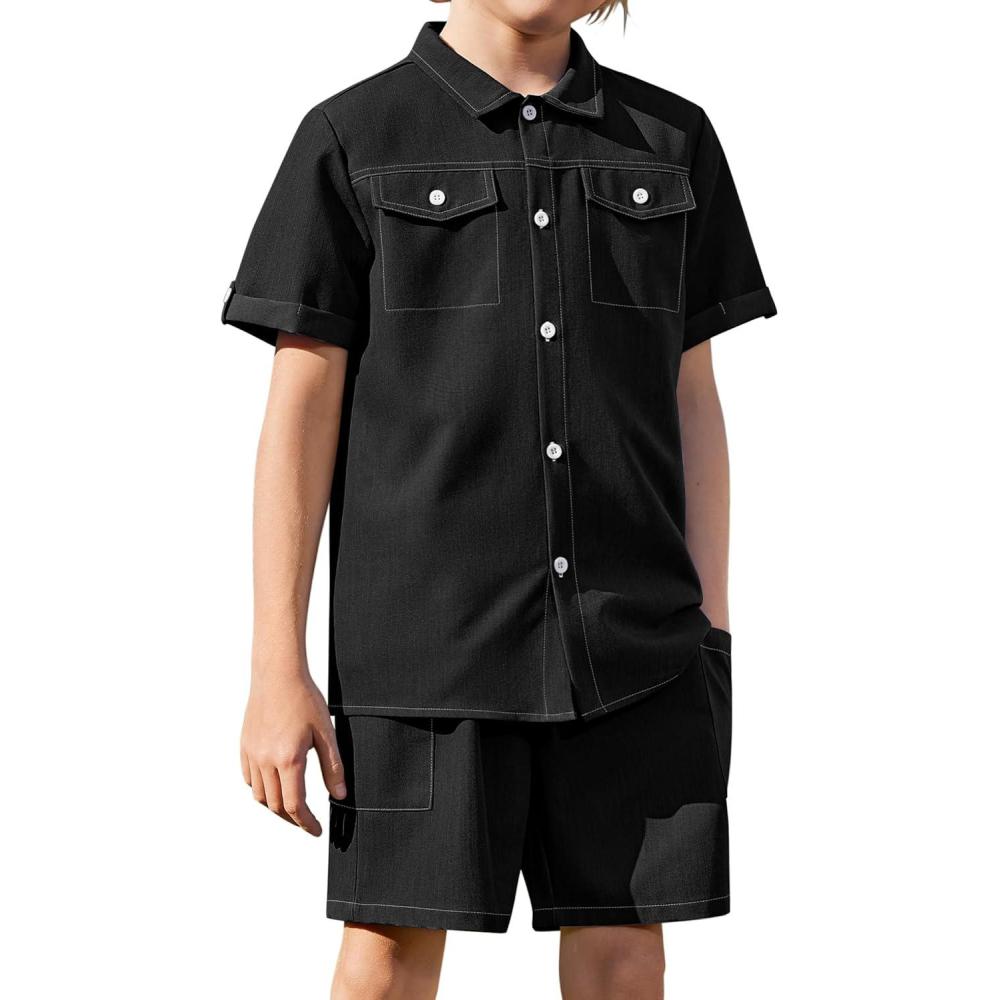 image:imageArshiner Boys Woven Shorts Set Academic Style Button Down Shirt and Denim Shorts Outfits Casual yet Dressy ClothesBlack