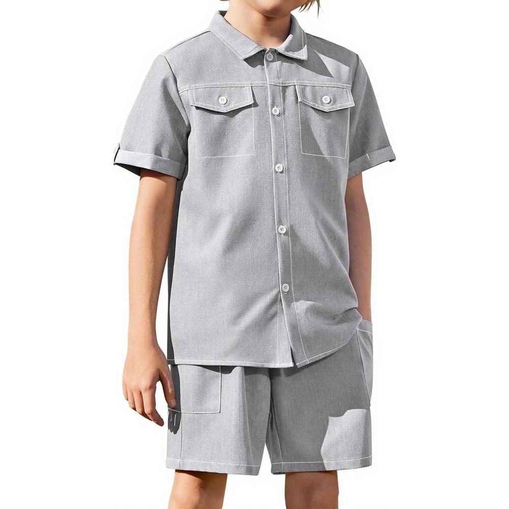 image:imageArshiner Boys Woven Shorts Set Academic Style Button Down Shirt and Denim Shorts Outfits Casual yet Dressy ClothesLight Grey