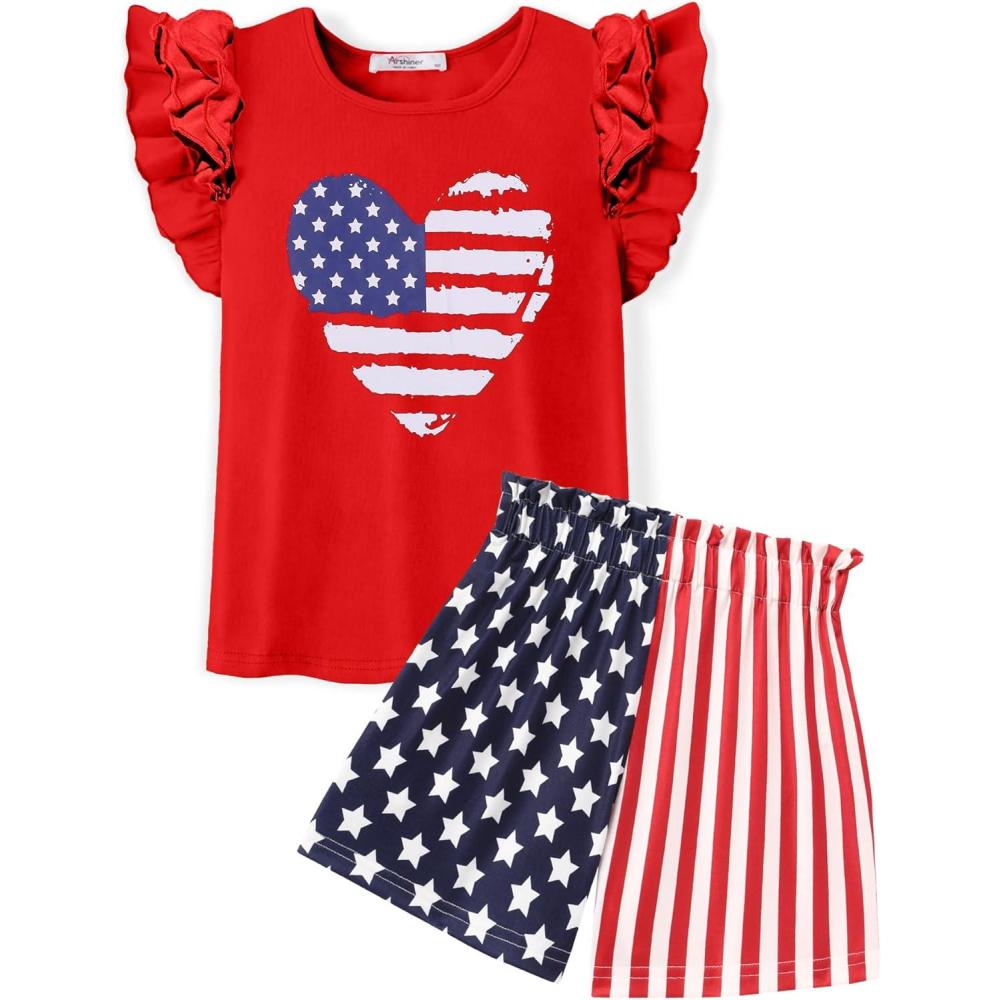 image:imageArshiner Girls 2 Piece Outfits Summer Clothes Ruffle Short Sleeve Shirts Top and High Waist Paper Bag Shorts Set with PocketsRed4th of July