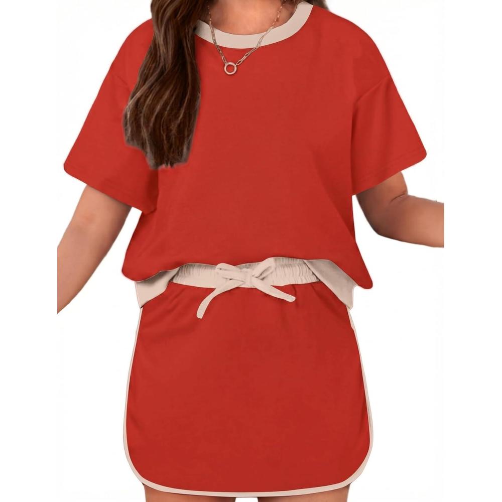 image:imageArshiner Girls 2 Piece Outfits Summer Clothes Short Sleeve Drop Shoulder Shirt and Skirt with Builtin Shorts Athletic SetsRed