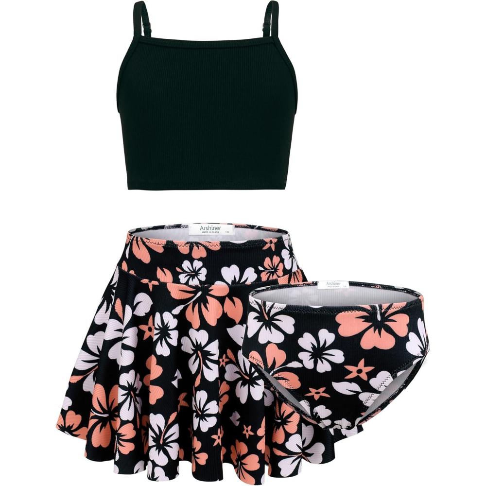 image:imageArshiner Girls 3 Piece Swimsuit for Teen Girl Tankini Swimsuits Bathing Suit Beach Bikini Swimwear with SkirtBlack Hibiscus