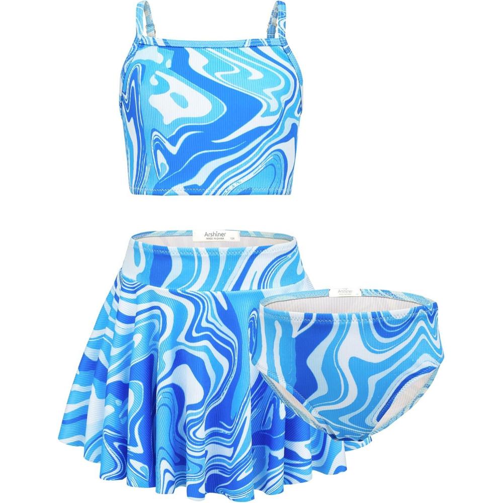 image:imageArshiner Girls 3 Piece Swimsuit for Teen Girl Tankini Swimsuits Bathing Suit Beach Bikini Swimwear with SkirtBlue Fluid
