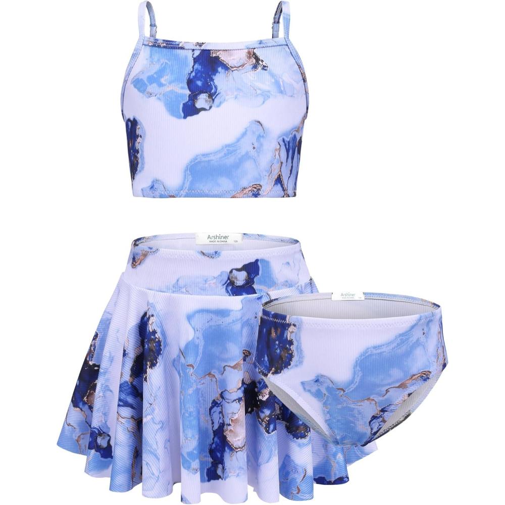 image:imageArshiner Girls 3 Piece Swimsuit for Teen Girl Tankini Swimsuits Bathing Suit Beach Bikini Swimwear with SkirtBlue Marble