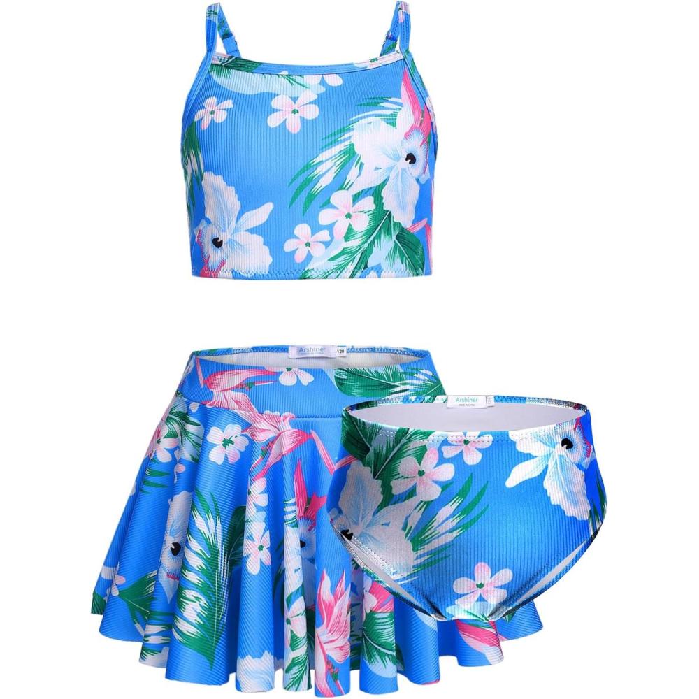 image:imageArshiner Girls 3 Piece Swimsuit for Teen Girl Tankini Swimsuits Bathing Suit Beach Bikini Swimwear with SkirtBlue