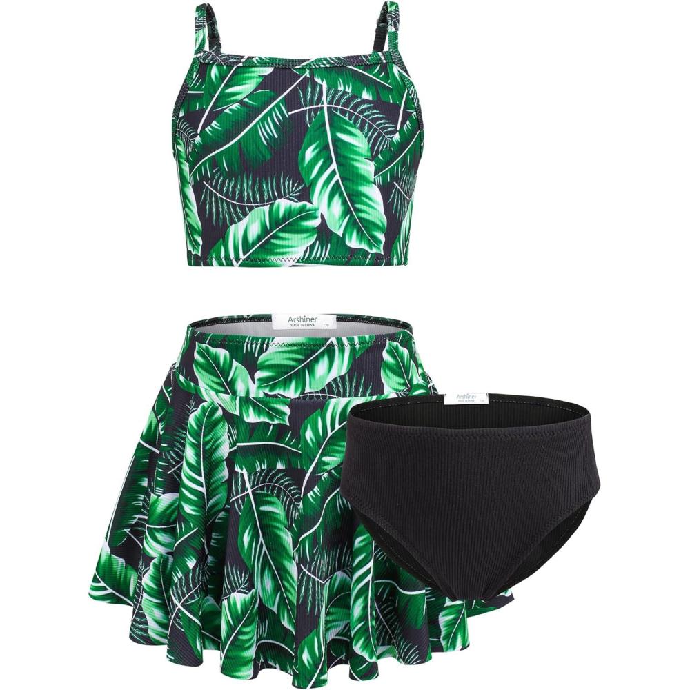 image:imageArshiner Girls 3 Piece Swimsuit for Teen Girl Tankini Swimsuits Bathing Suit Beach Bikini Swimwear with SkirtGreen Leaf