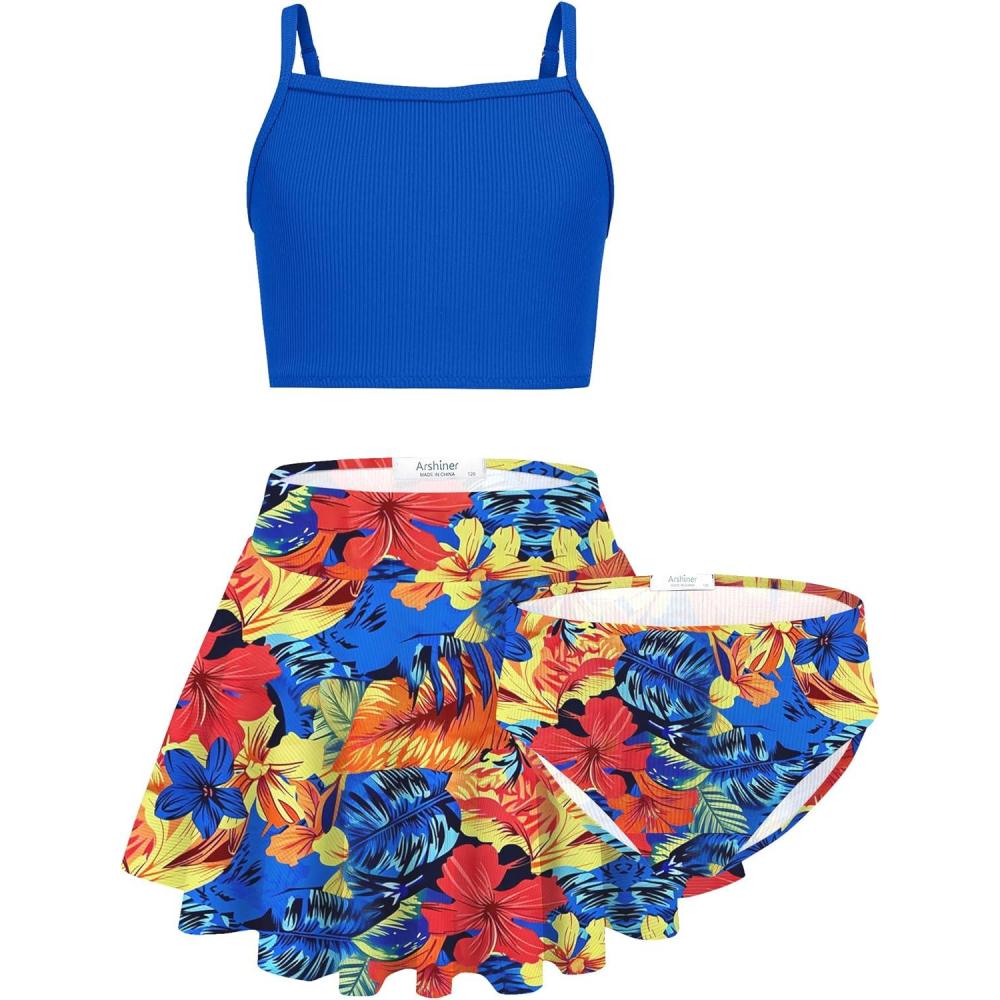 image:imageArshiner Girls 3 Piece Swimsuit for Teen Girl Tankini Swimsuits Bathing Suit Beach Bikini Swimwear with SkirtNavy Bluefloral 4