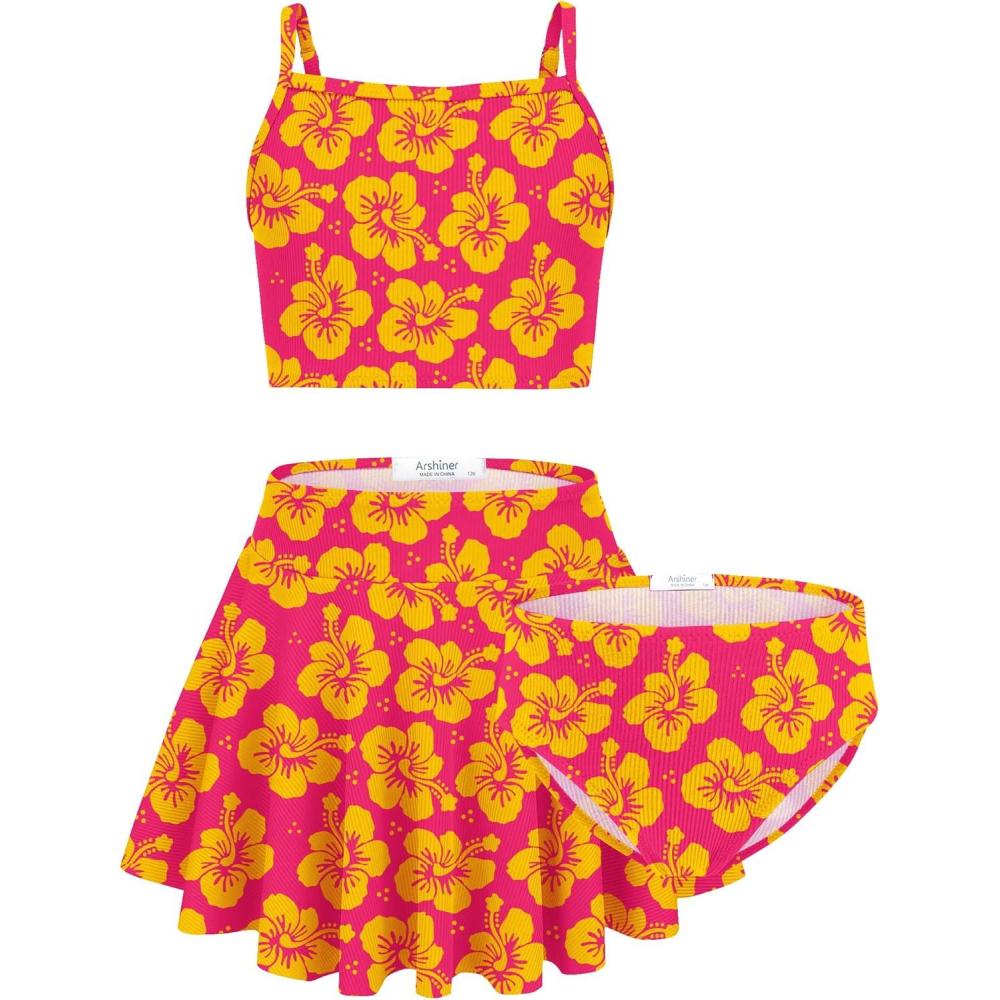 image:imageArshiner Girls 3 Piece Swimsuit for Teen Girl Tankini Swimsuits Bathing Suit Beach Bikini Swimwear with SkirtOrange Hibiscus