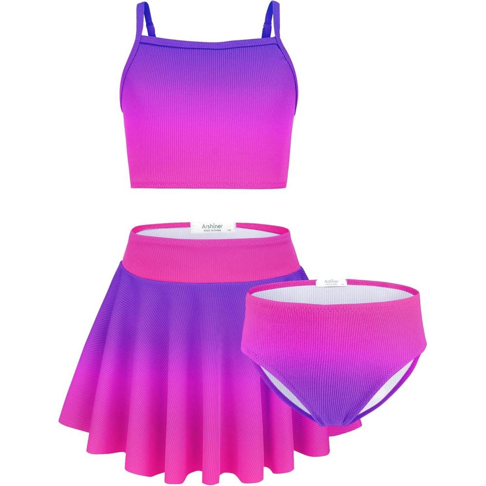 image:imageArshiner Girls 3 Piece Swimsuit for Teen Girl Tankini Swimsuits Bathing Suit Beach Bikini Swimwear with SkirtPurple Pink
